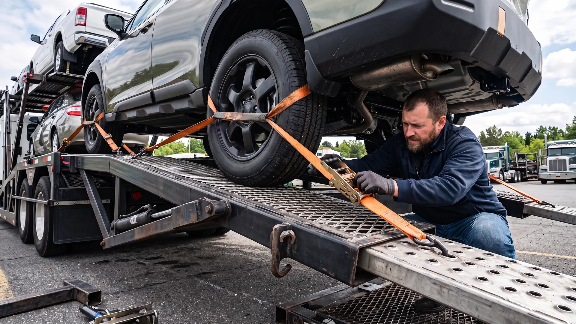 Auto transport driver securing a vehicle with tie-down straps on a car carrier