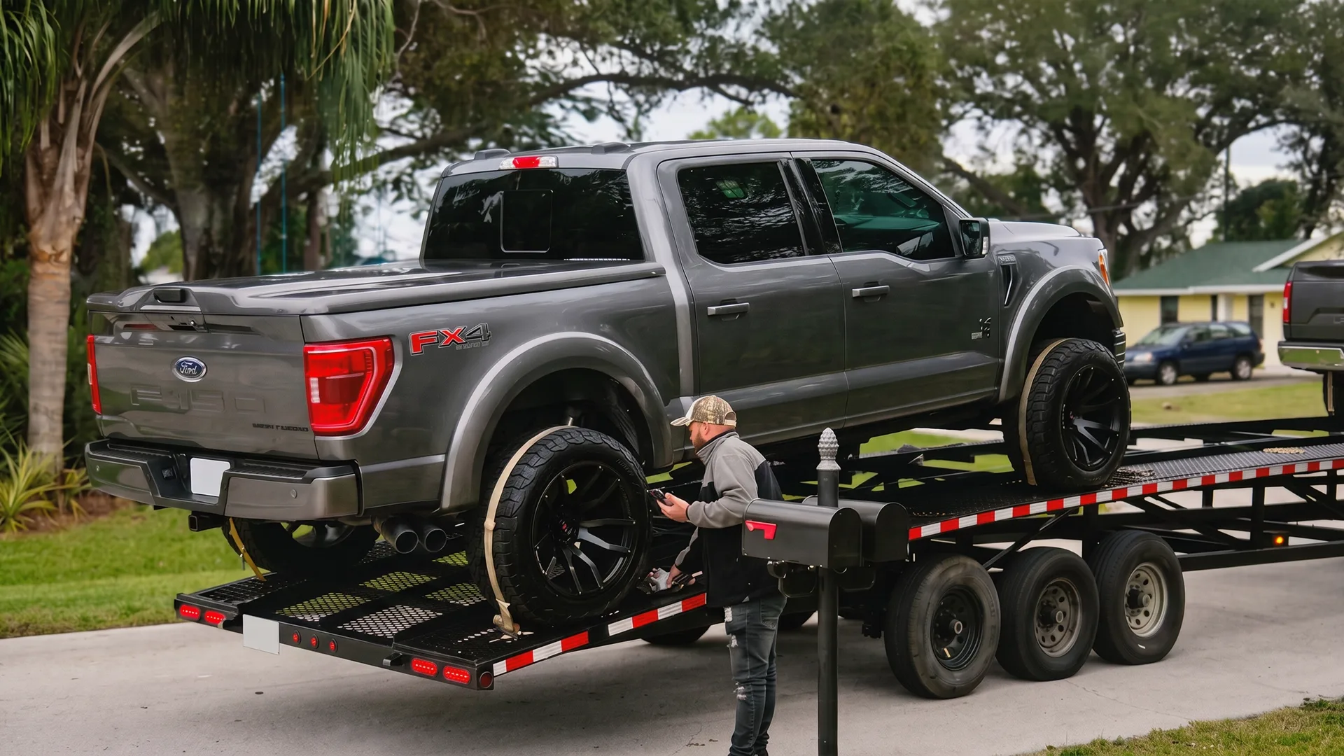 Pickup truck being transported on an open car carrier