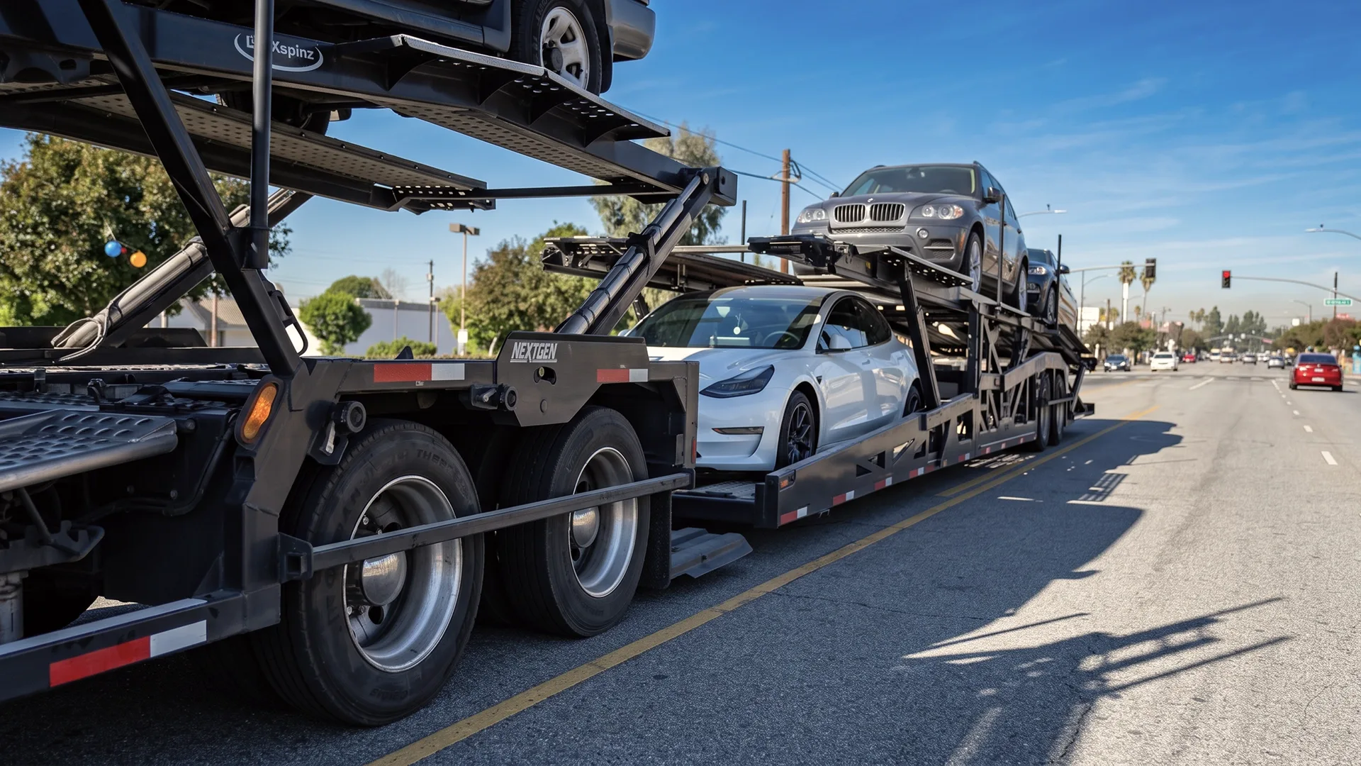 Open car carrier transporting vehicles from New York to California photo