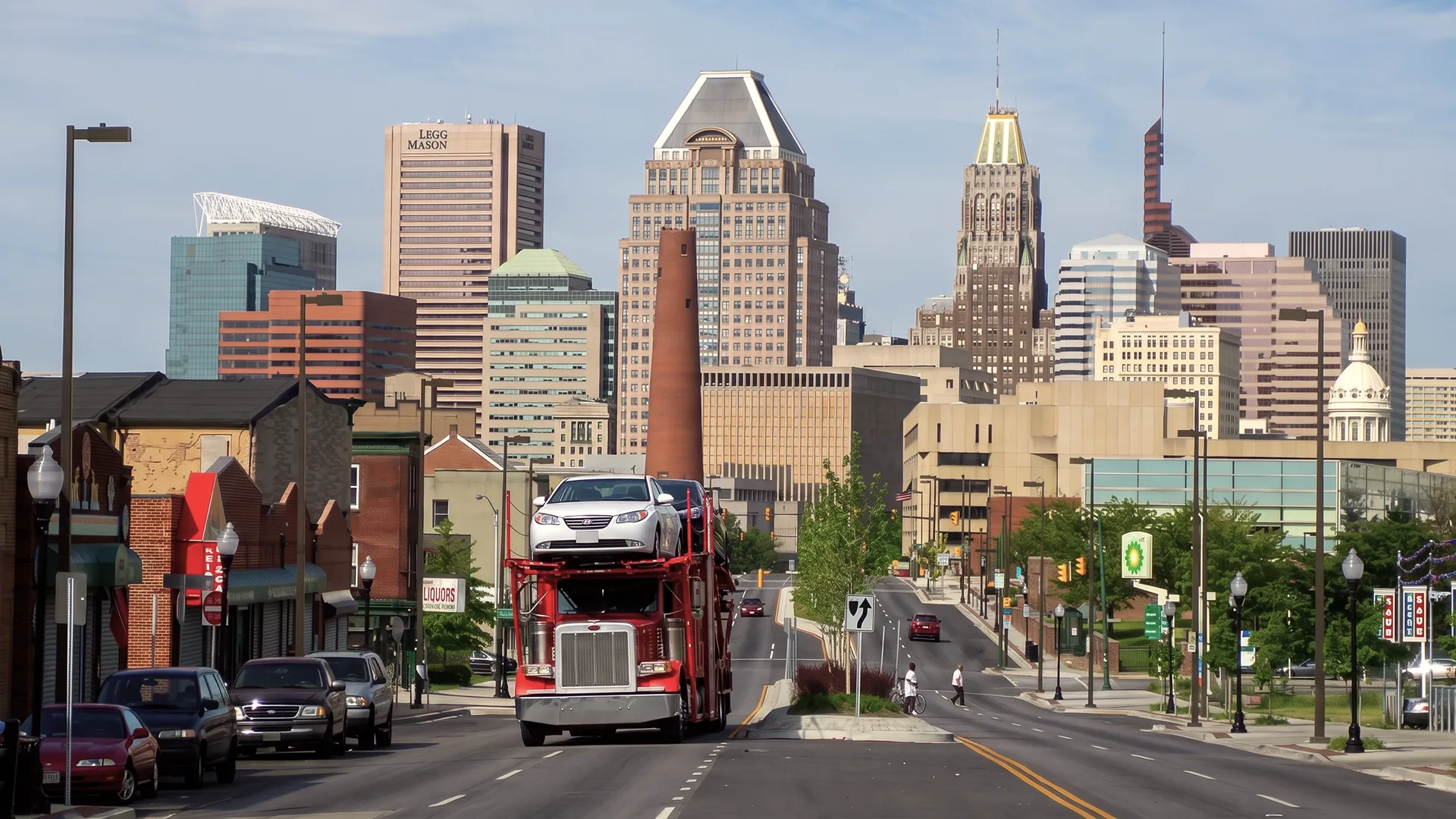 Car carrier transporting vehicles through Baltimore Maryland photo