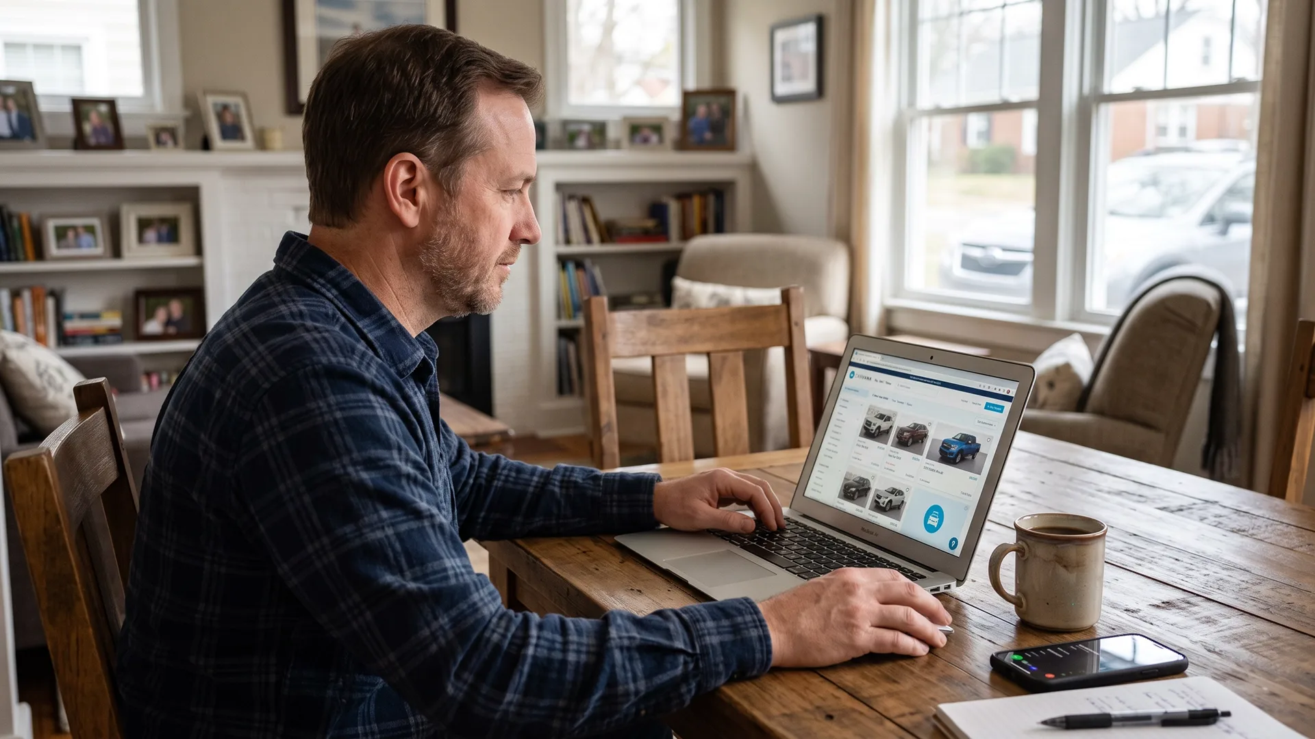 photo of man browsing cars online on laptop
