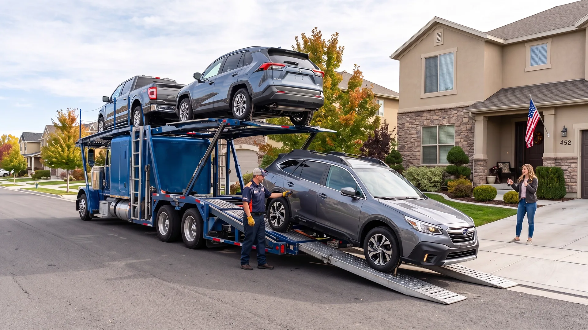 photo of car being delivered to a residential home