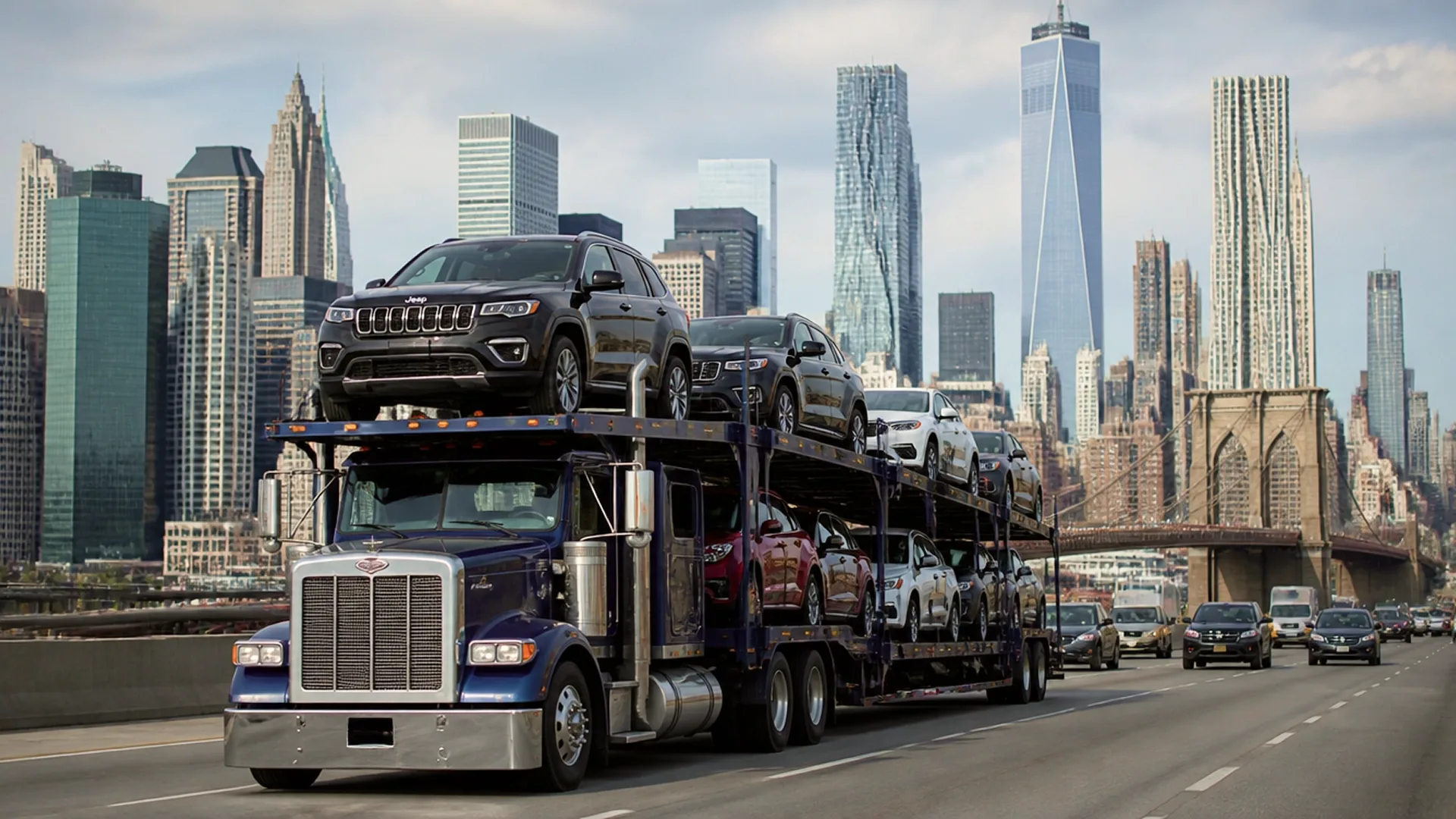 Car carrier transporting vehicles in New York City
