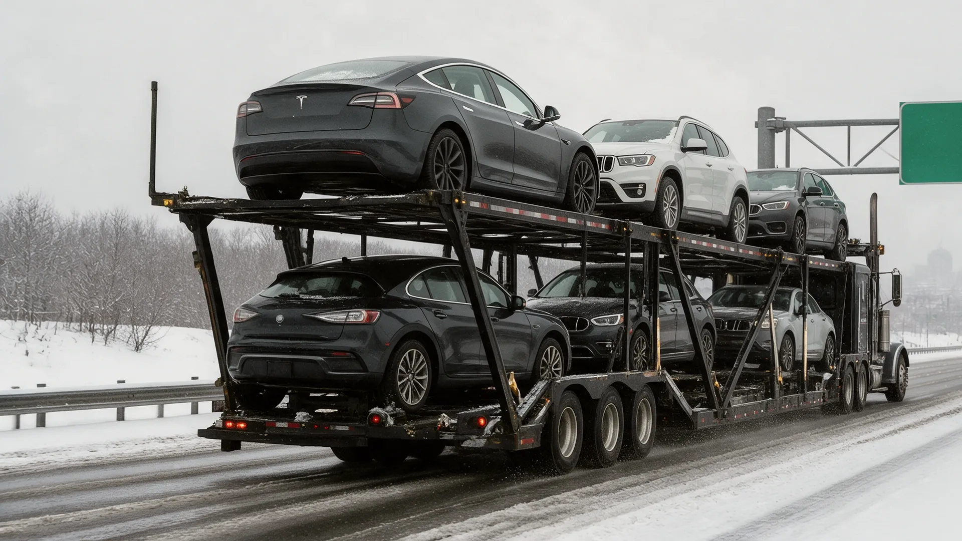Car carrier transporting vehicles on a snowy New York highway