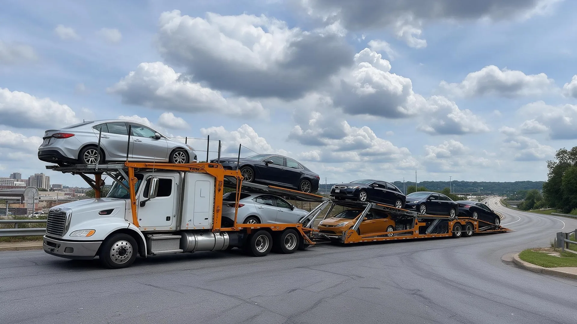 photo of a car carrier transporting multiple vehicles near Cincinnati