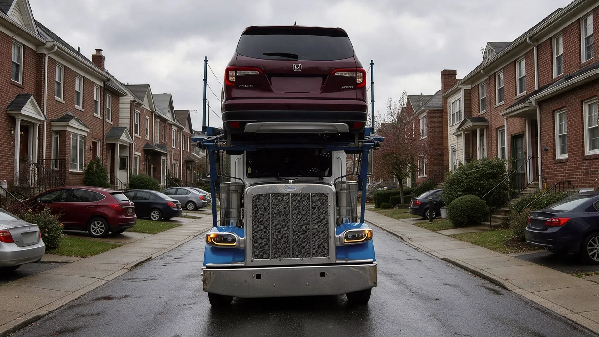 photo of a car carrier delivering a vehicle on a residential street
