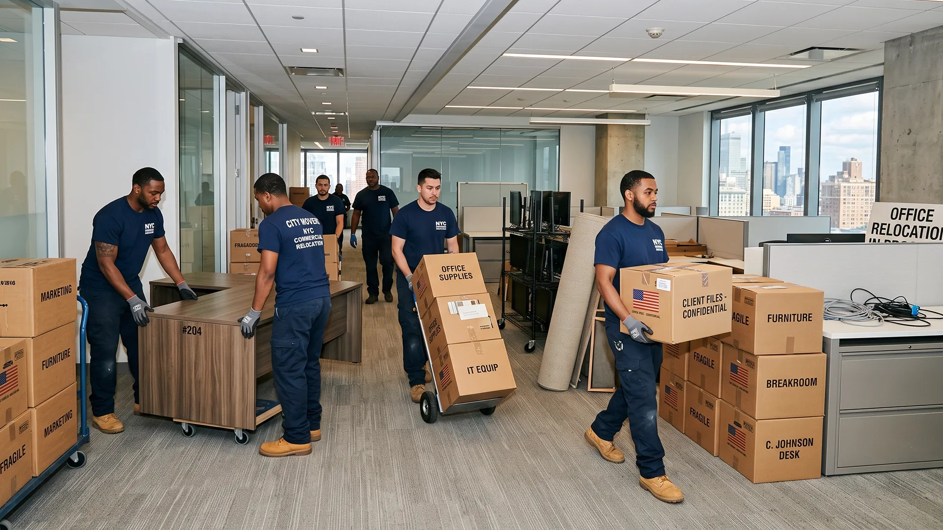 photo of commercial movers relocating office furniture and boxes