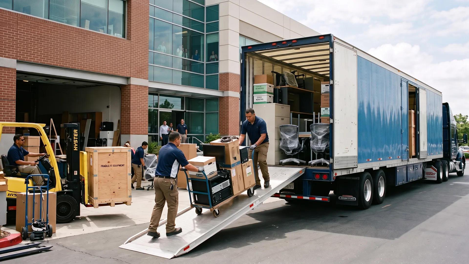 photo of movers loading office furniture and equipment into moving truck