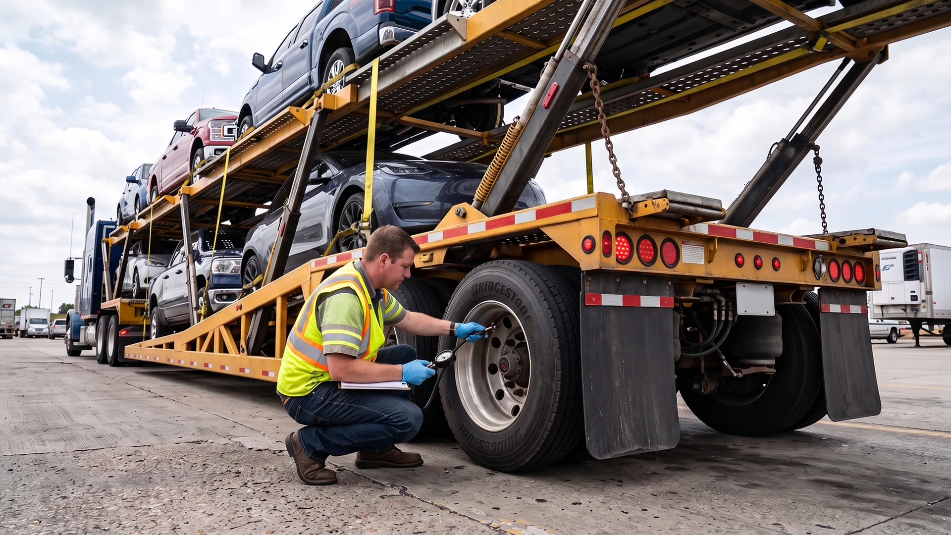photo of a car hauler driver inspecting truck tires before departure