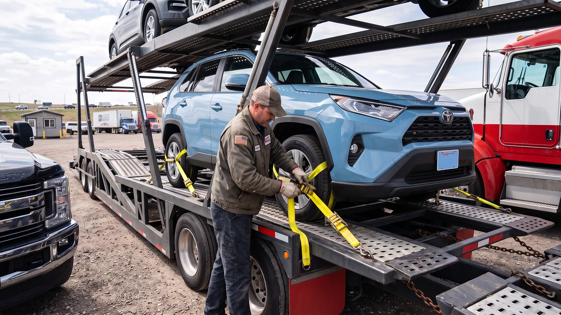 photo of a driver inspecting tie-down straps on a car hauler