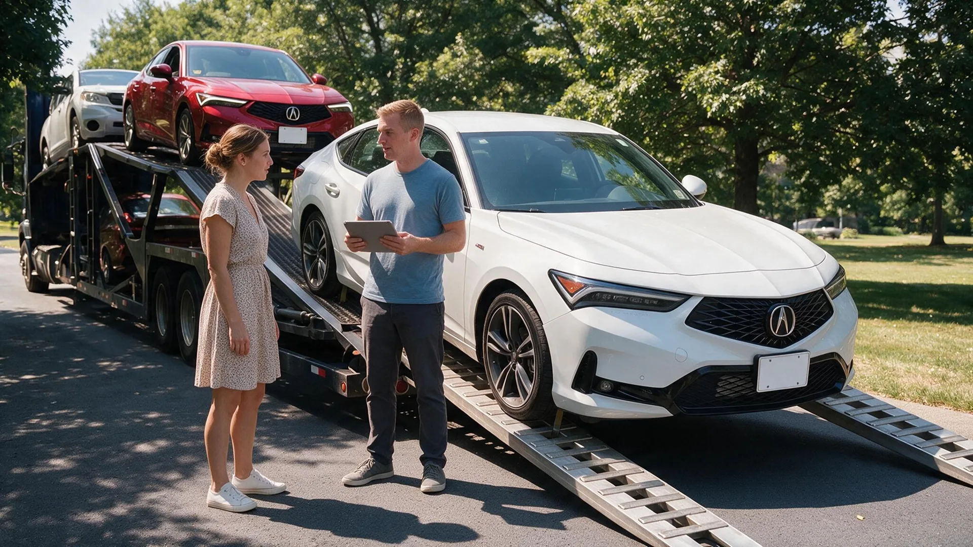 photo of a driver and customer inspecting a vehicle before transport