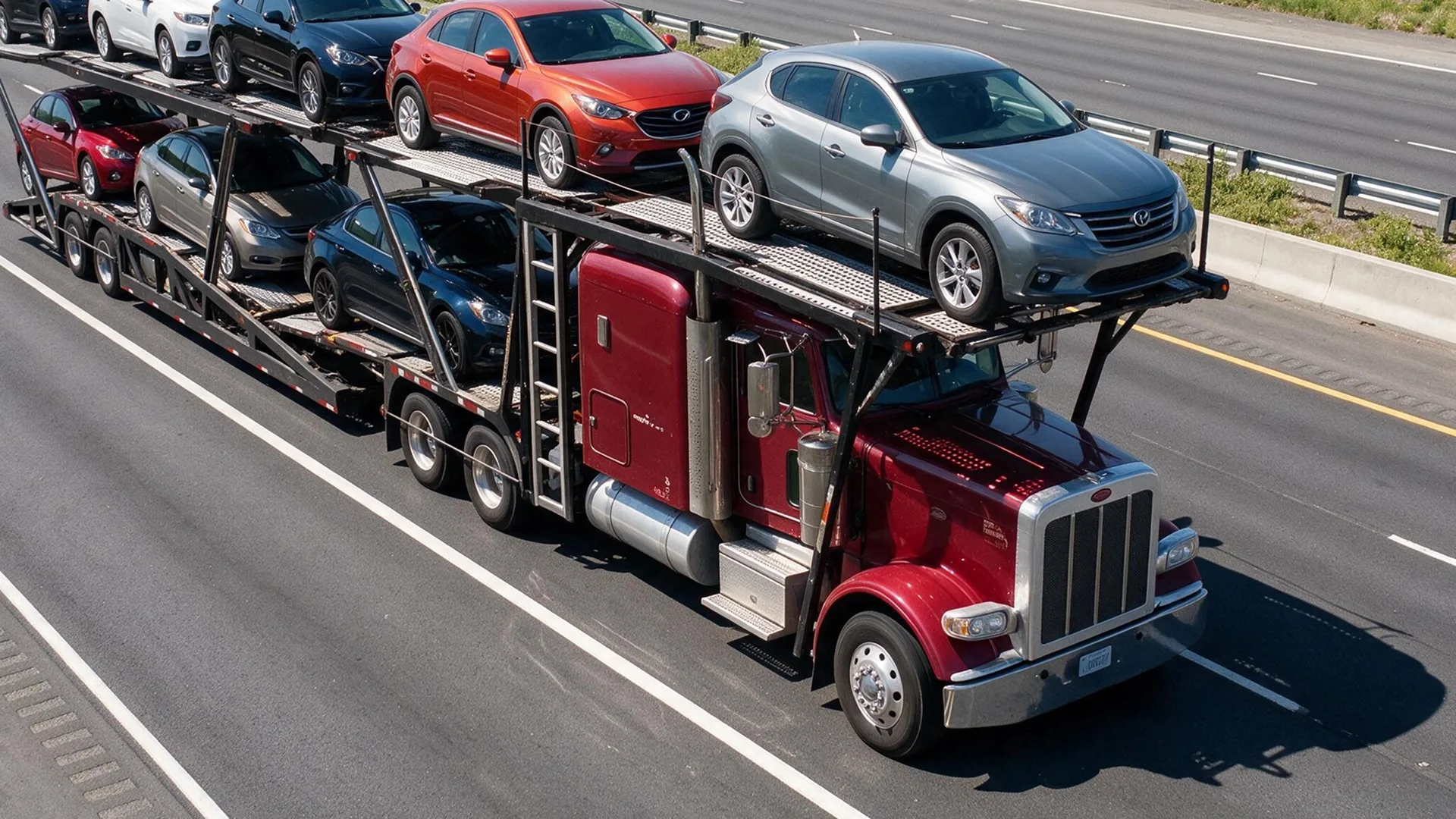 photo of an open car carrier transporting multiple vehicles on the highway