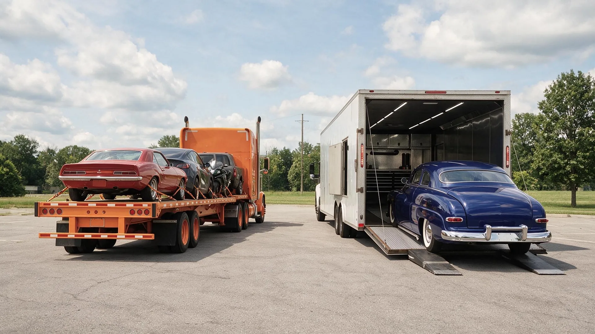 photo of open and enclosed car carriers for comparing vehicle shipping options