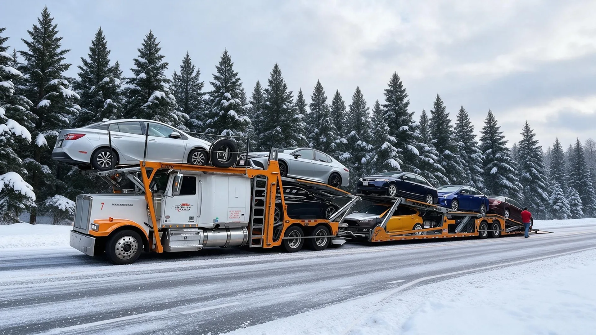 photo of a car carrier transporting vehicles on a snowy highway