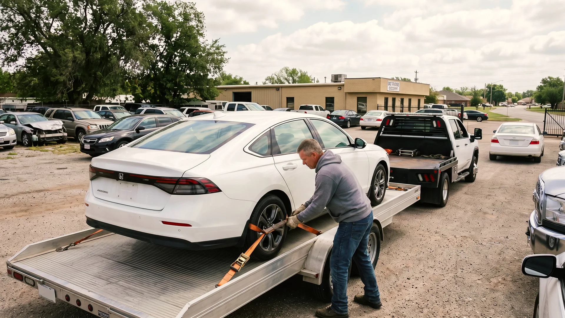 photo of a person securing a car on a trailer for DIY transport