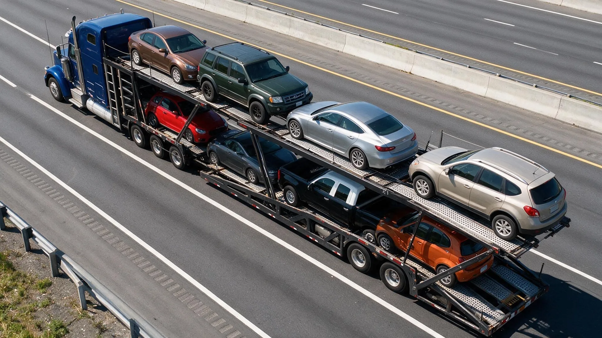 photo of a car carrier transporting vehicles on the highway