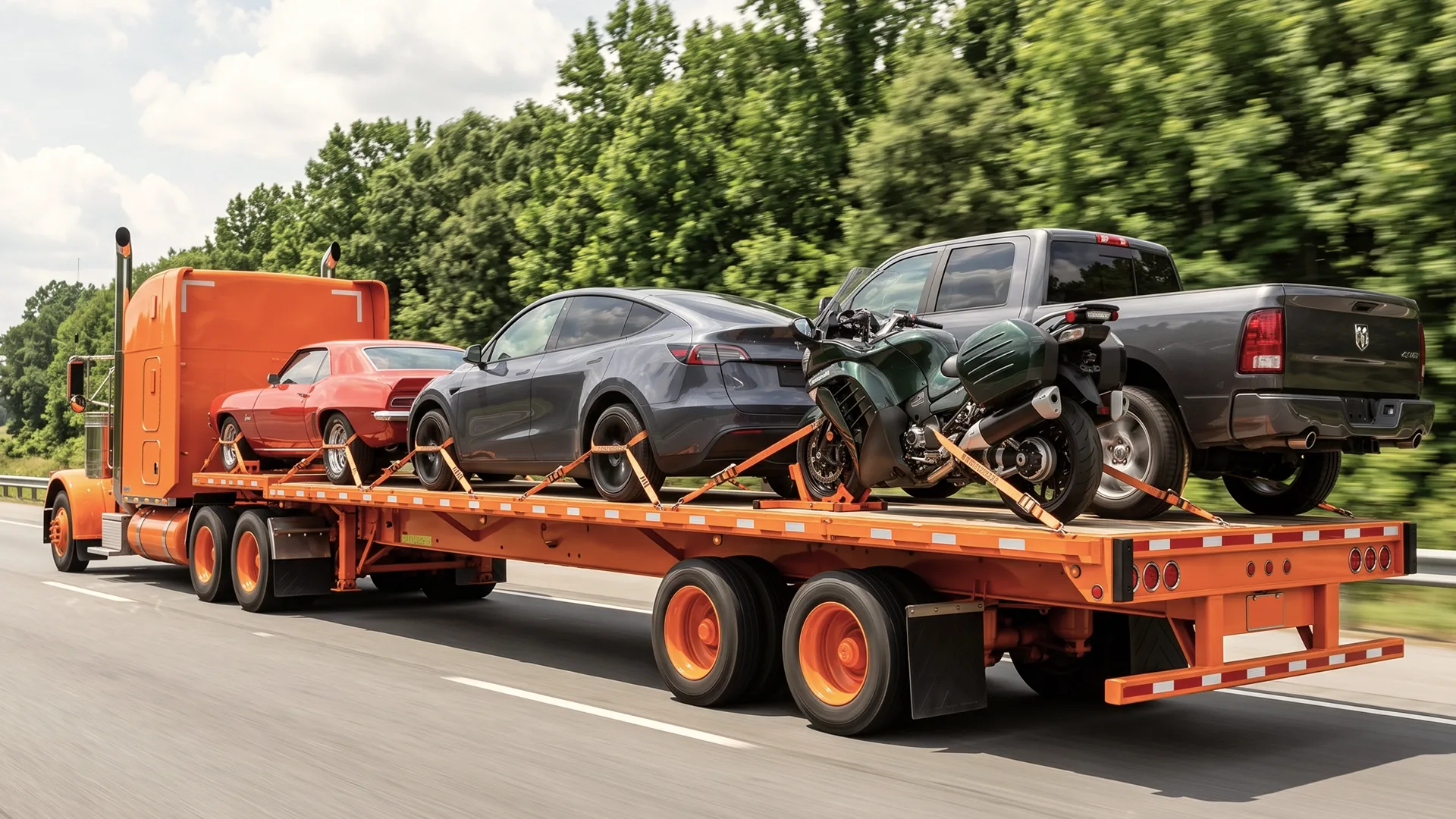 photo of multiple vehicles being transported on a professional car carrier