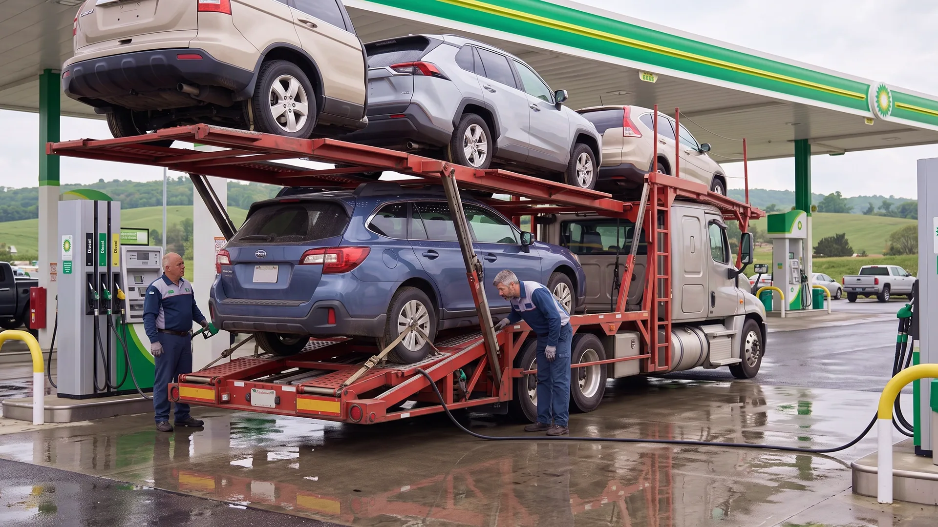 photo of a car carrier refueling at a gas station