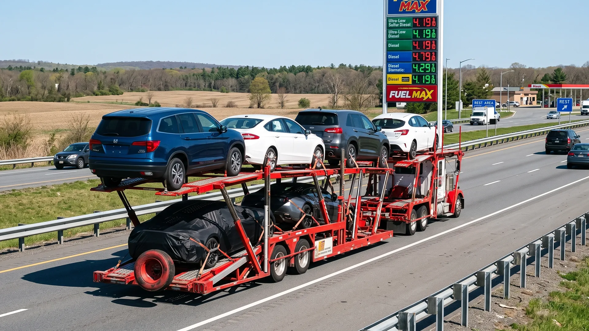 photo of a car carrier passing a fuel price sign on the highway