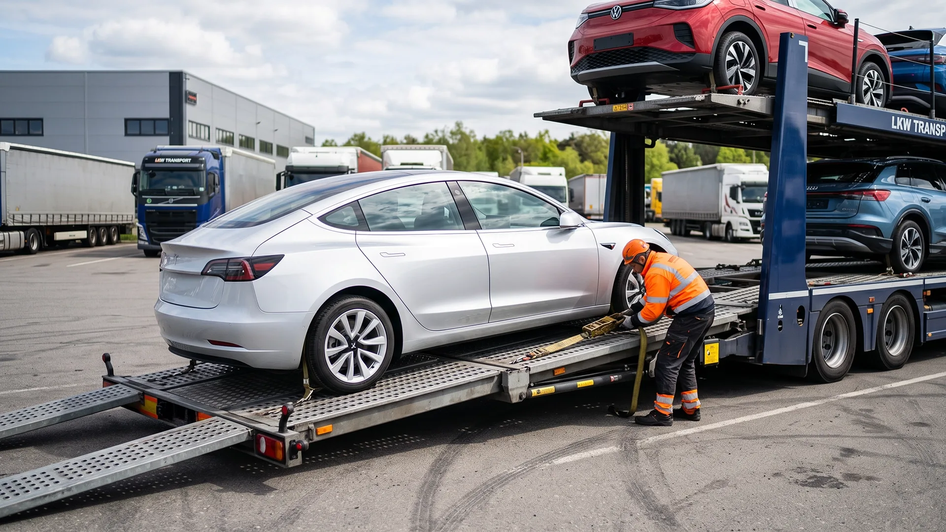 photo of an electric vehicle being loaded onto a car carrier