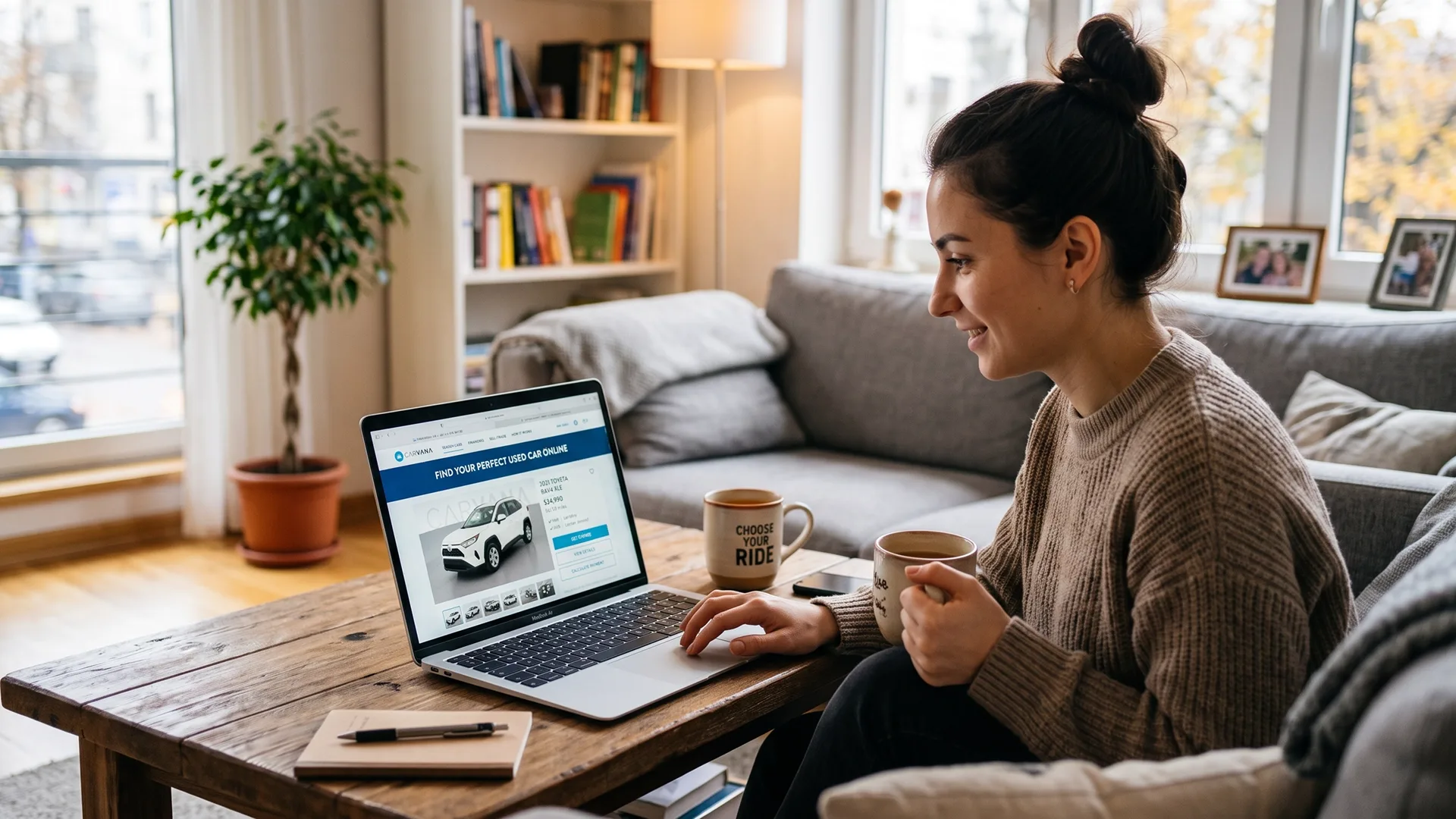 Woman browsing used cars for sale online on a laptop at home