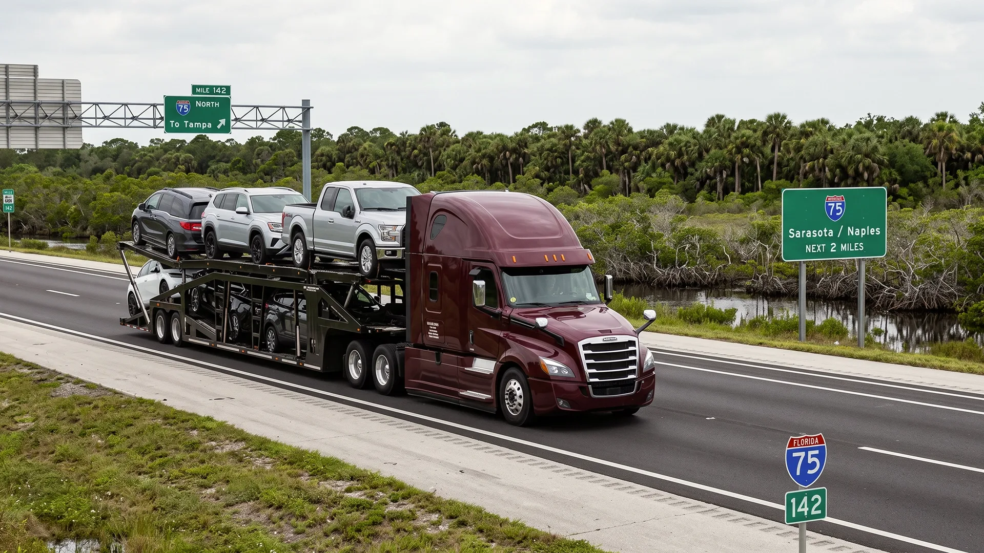 photo of a car carrier driving on a snowy winter road