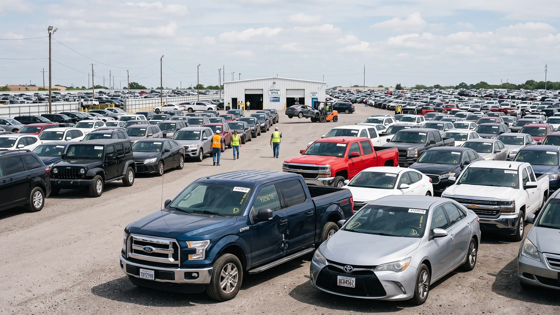 Auction vehicles parked at a large auto auction lot