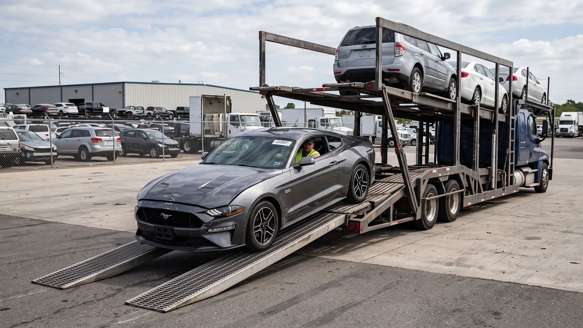 Auction vehicle being loaded onto an open car carrier