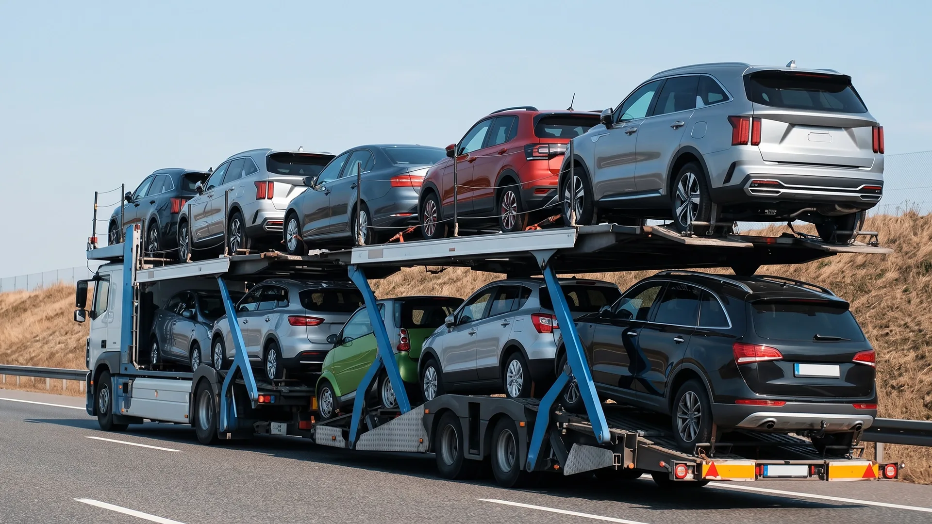 photo of an open car carrier transporting vehicles on the highway
