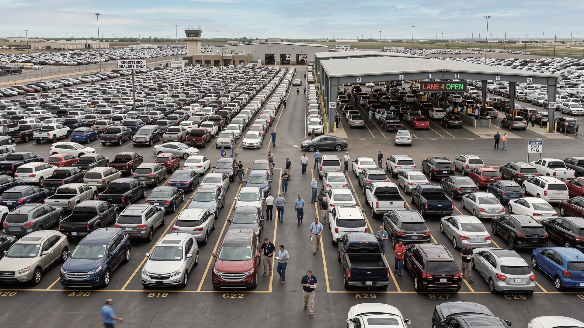 Large auto auction lot with hundreds of vehicles