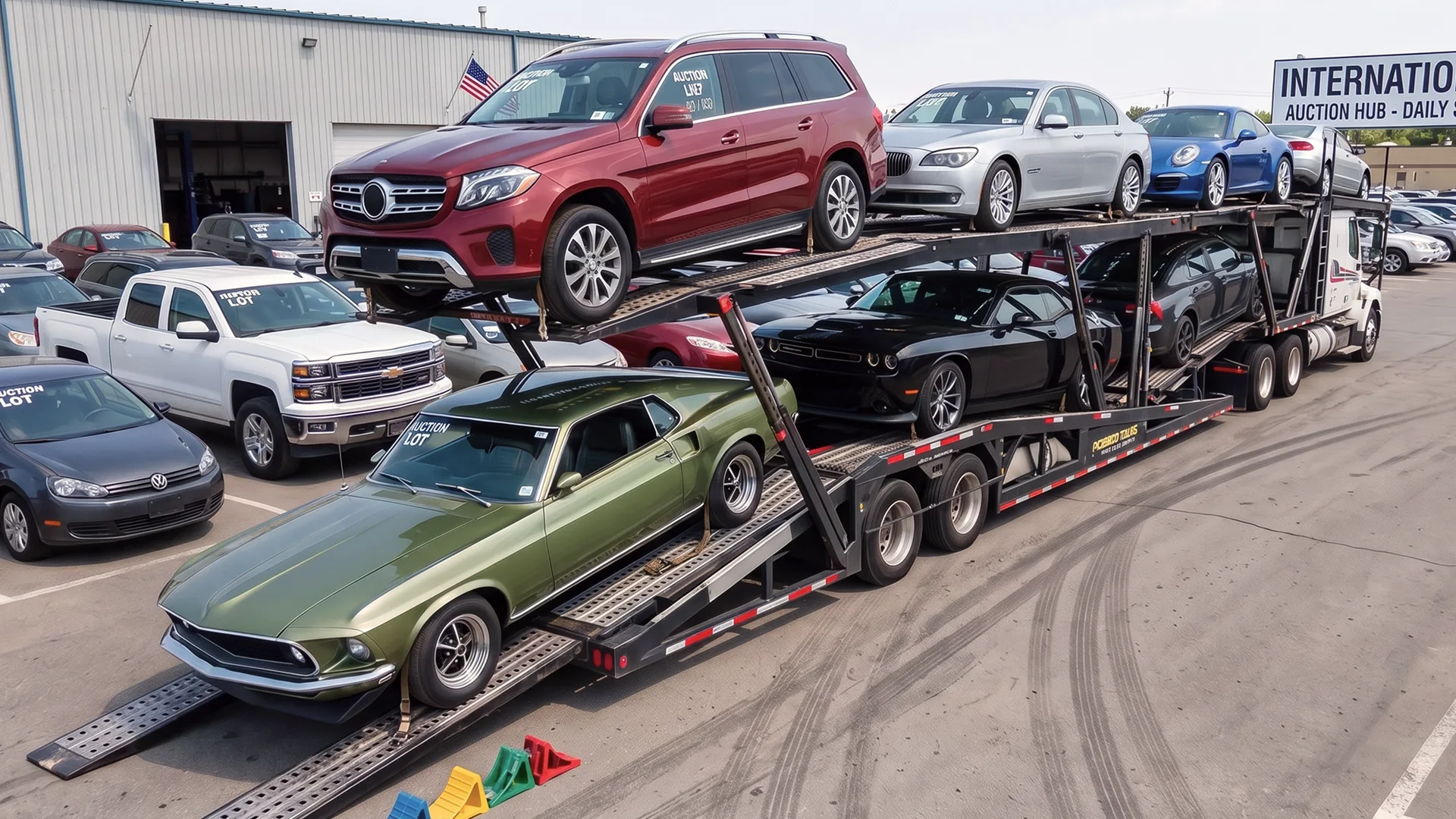 Multi-car transporter moving auction vehicles between locations
