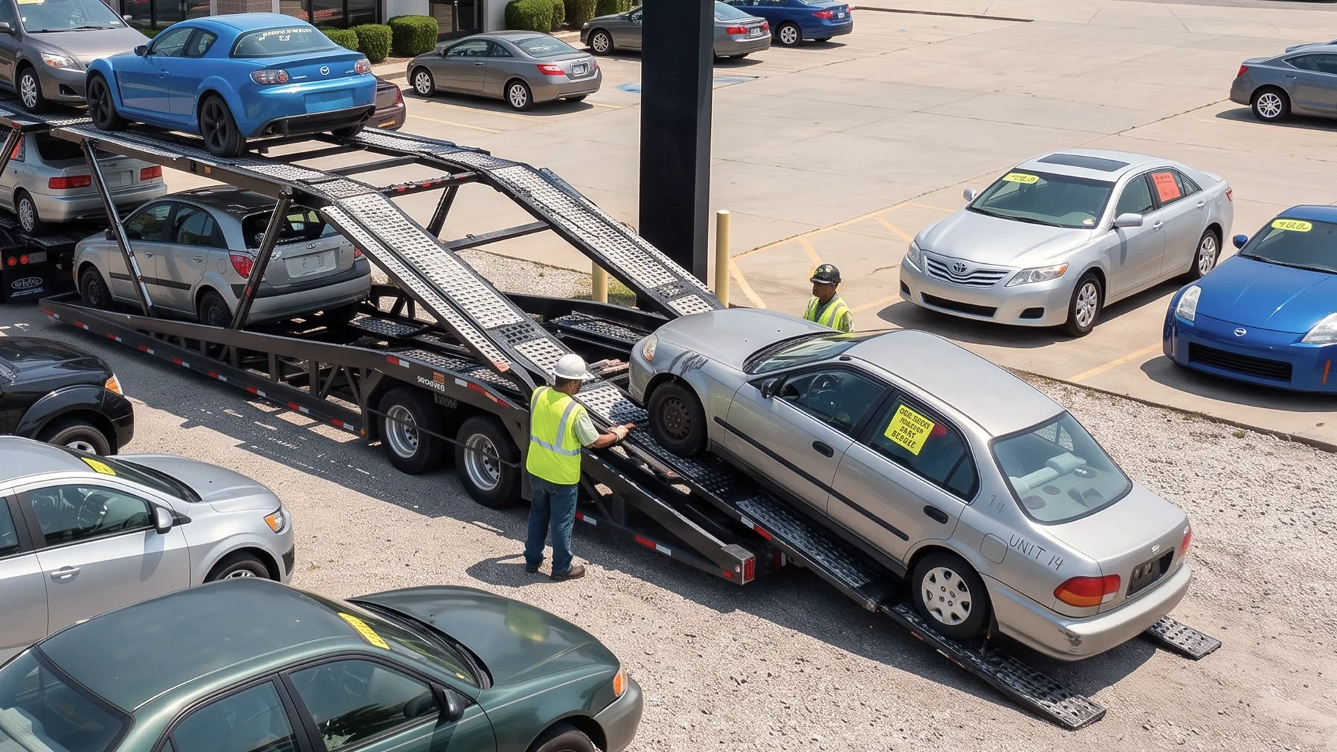 Cars being loaded onto an auto transport truck at an auction