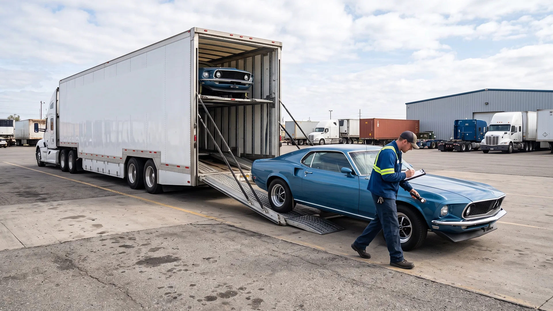 photo of auto transport driver inspecting a classic car before loading it into an enclosed