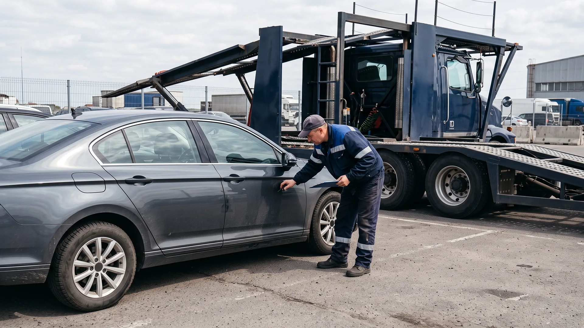 photo of auto transport driver inspecting a vehicle for existing damage before loading