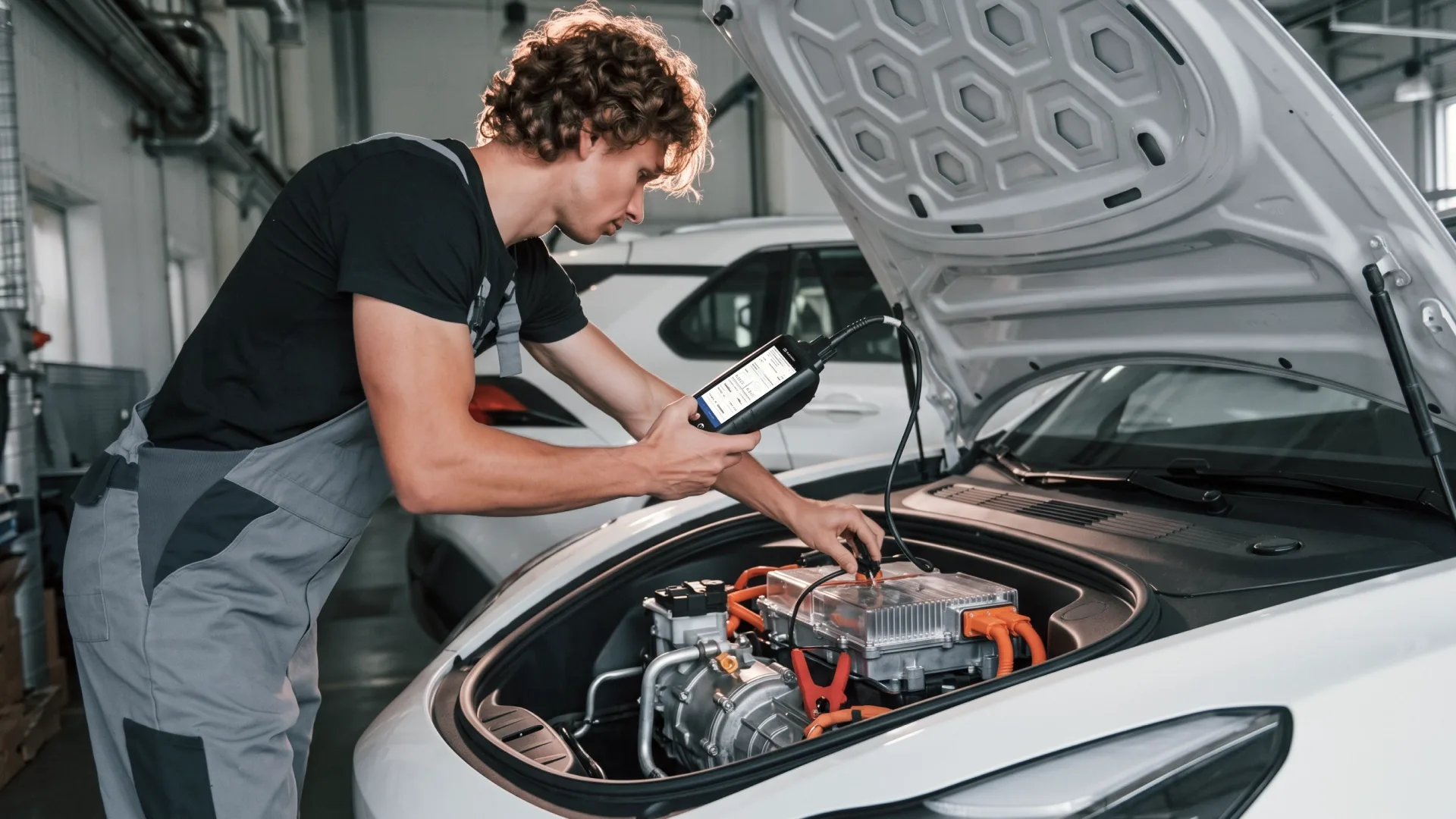 man is fixing the EV car