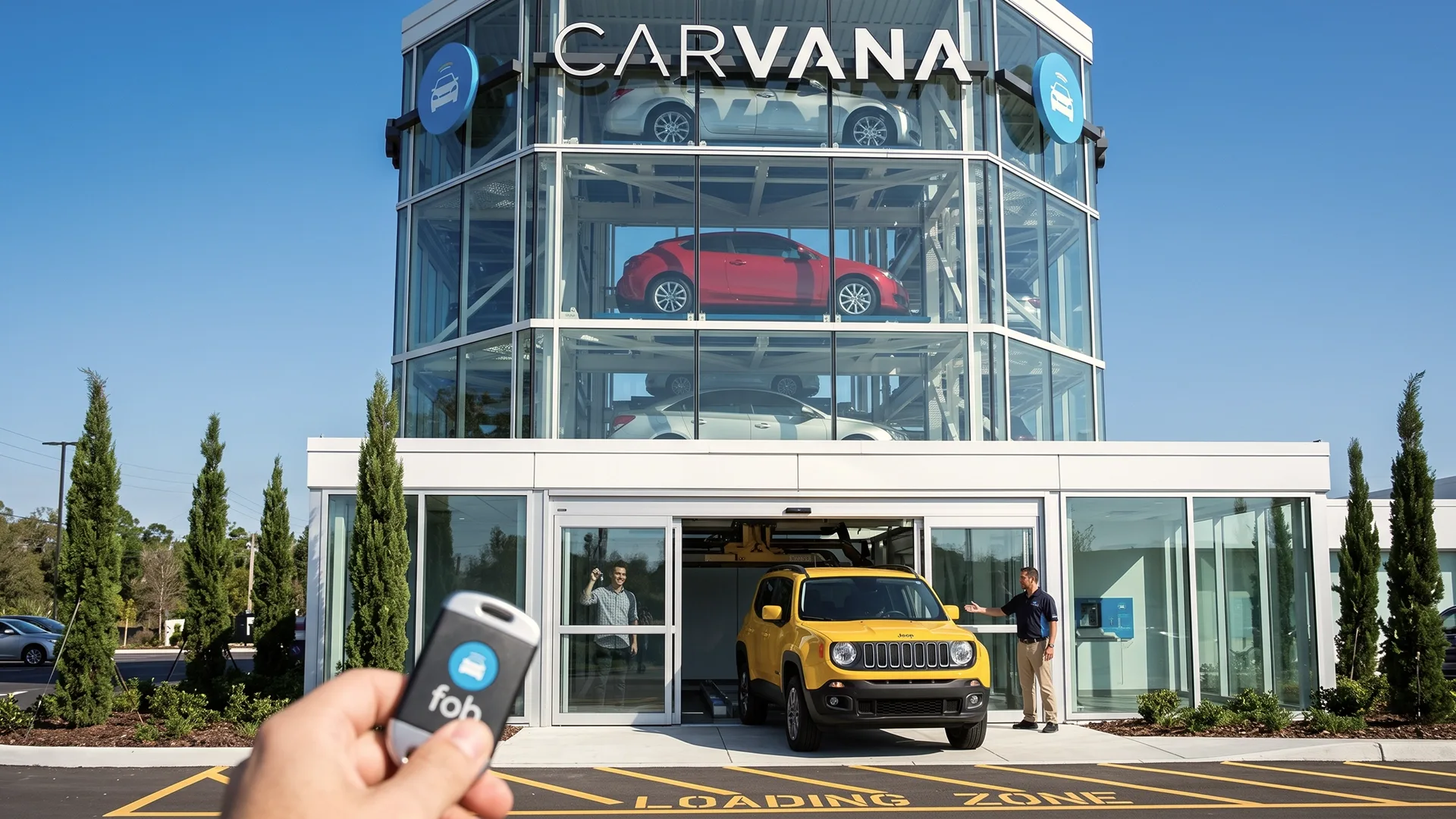 Carvana car vending machine with a vehicle ready for pickup