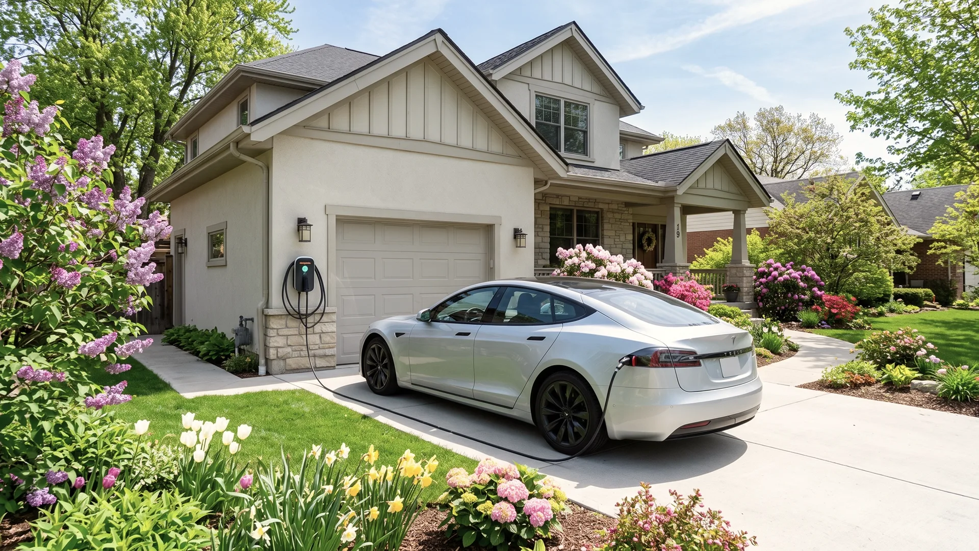 Electric car charging at a home Level 2 charger