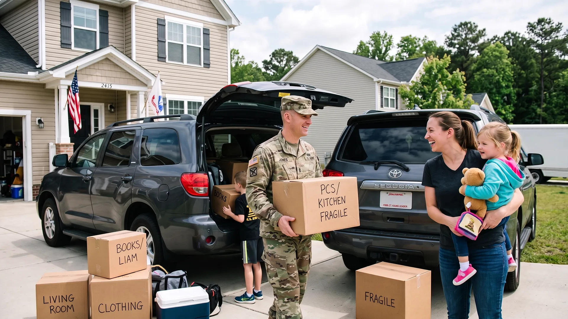 Military service member and family preparing for a PCS relocation with packed belongings and vehicles