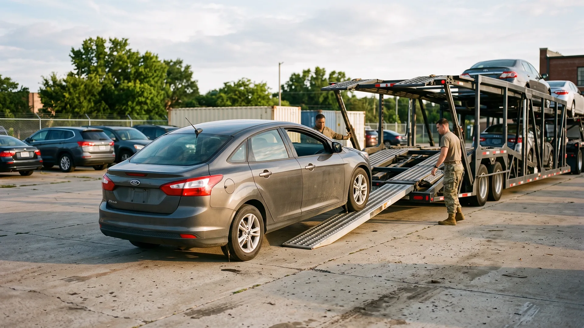 Military personnel loading a car onto an open auto transport carrier during a PCS move