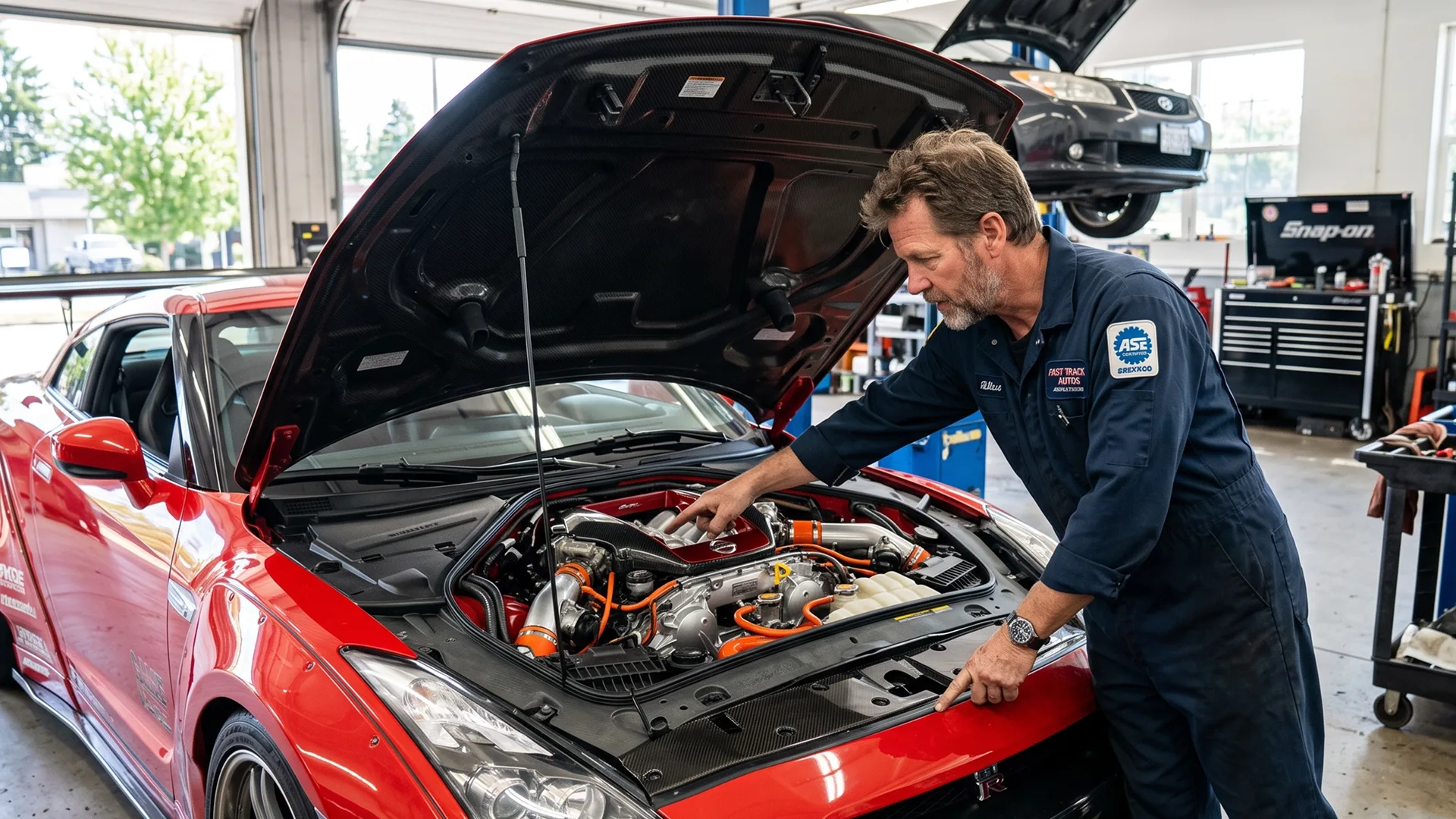 Mechanic inspecting a modified car before resale evaluation