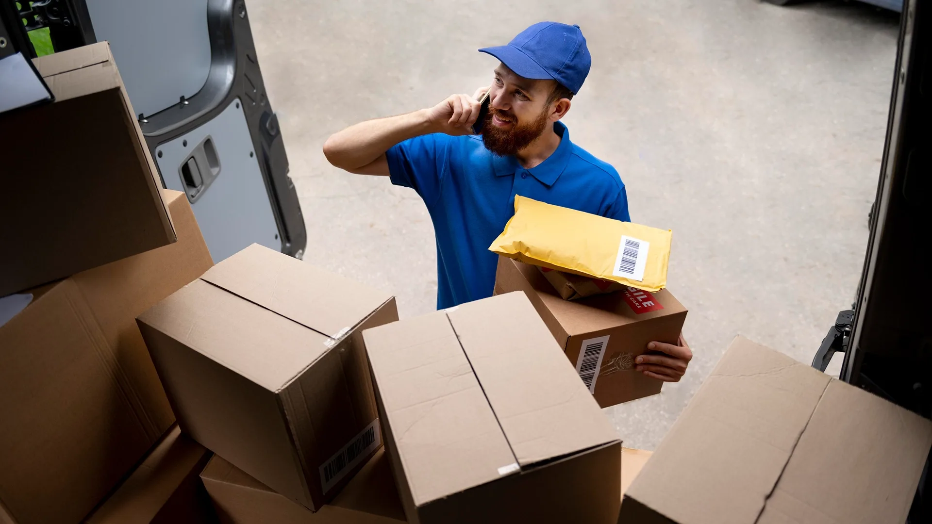 The man is loading small boxes into a small car. The office is moving.