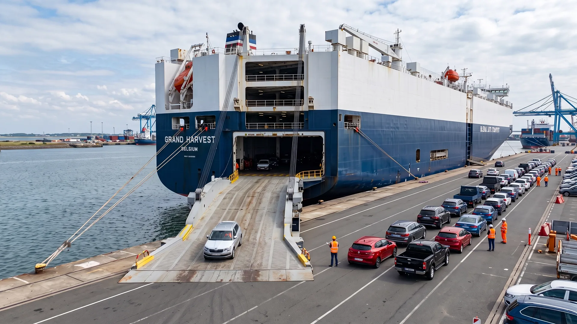 Cars being loaded onto a RoRo ship for international vehicle shipping