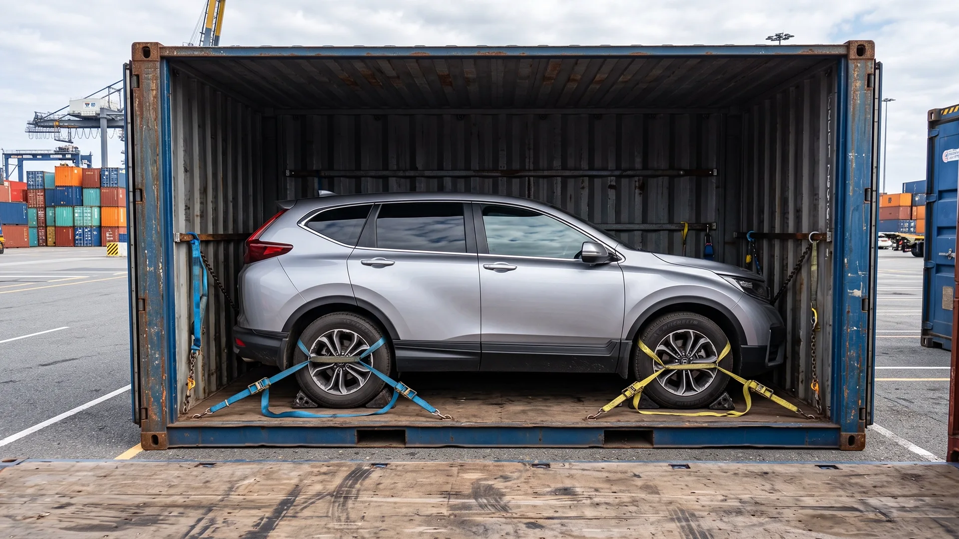 secured inside a shipping container for overseas car transport