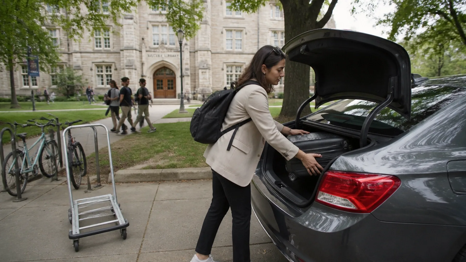 College student loading a car on campus before vehicle transport