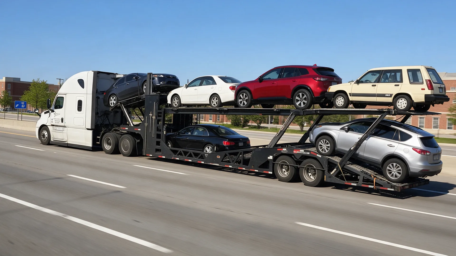 Open car carrier transporting student vehicles to college