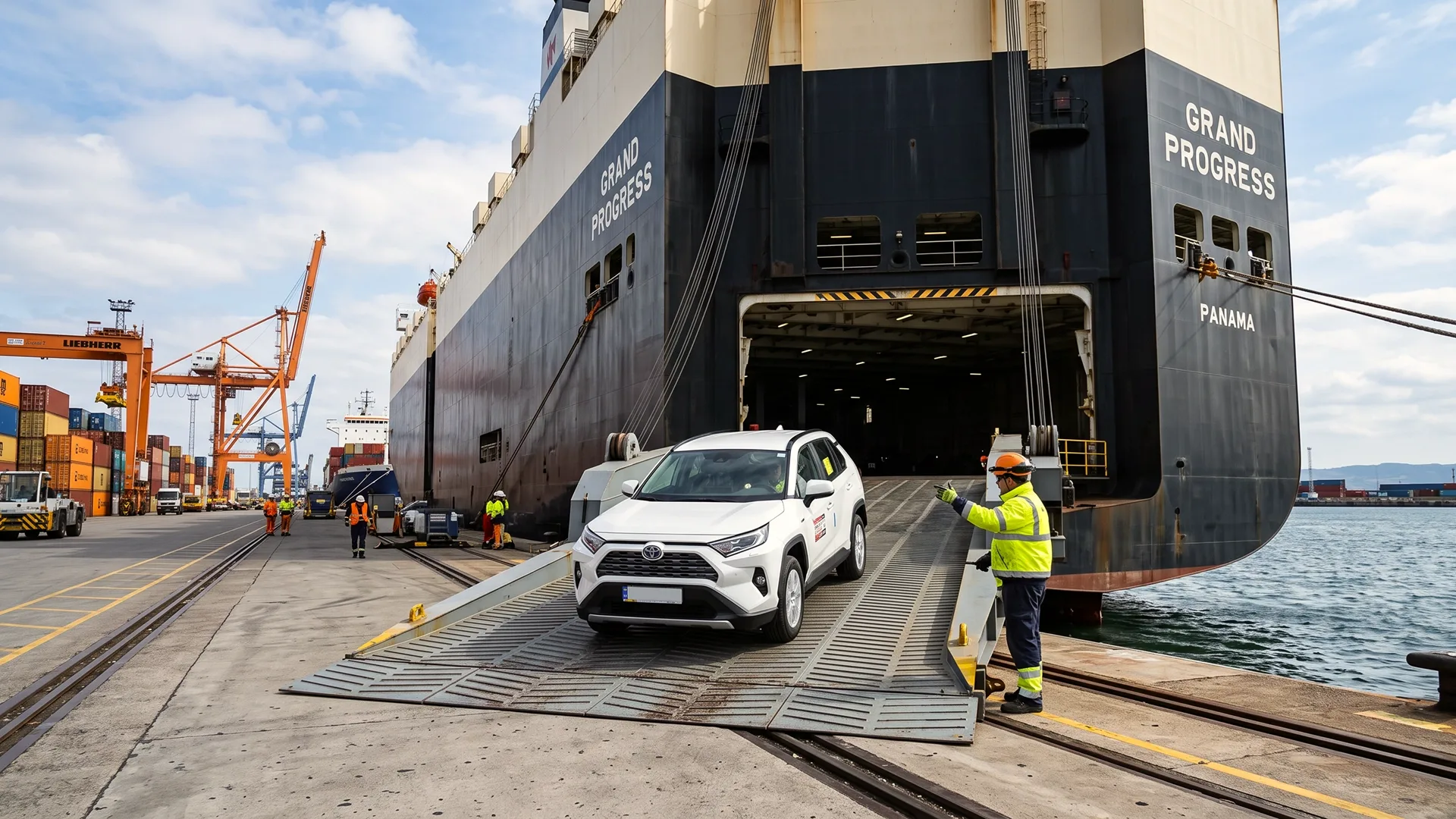 Car being unloaded from a cargo ship during Hawaii transport