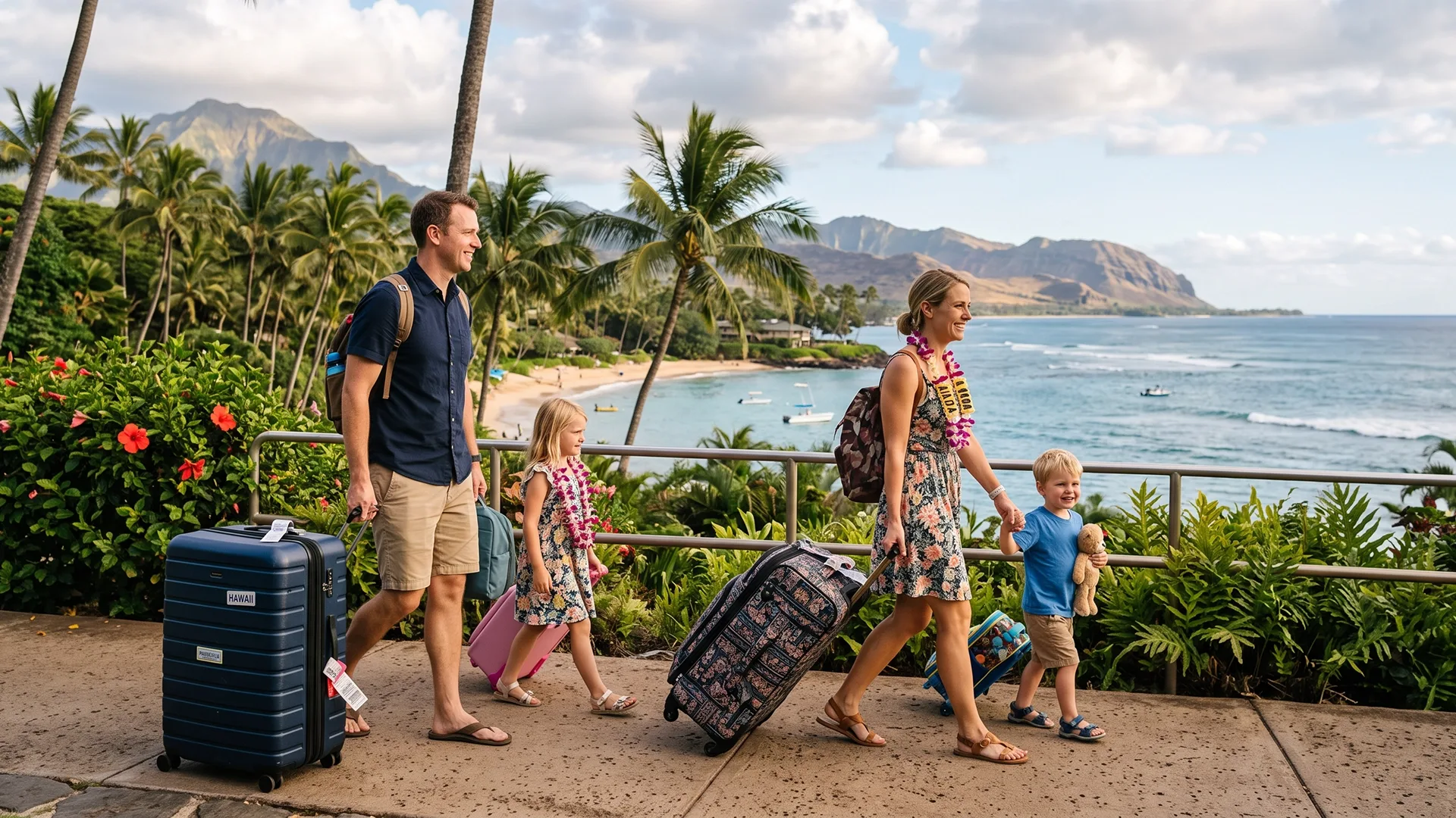 Family moving to Hawaii with luggage near a tropical coastline