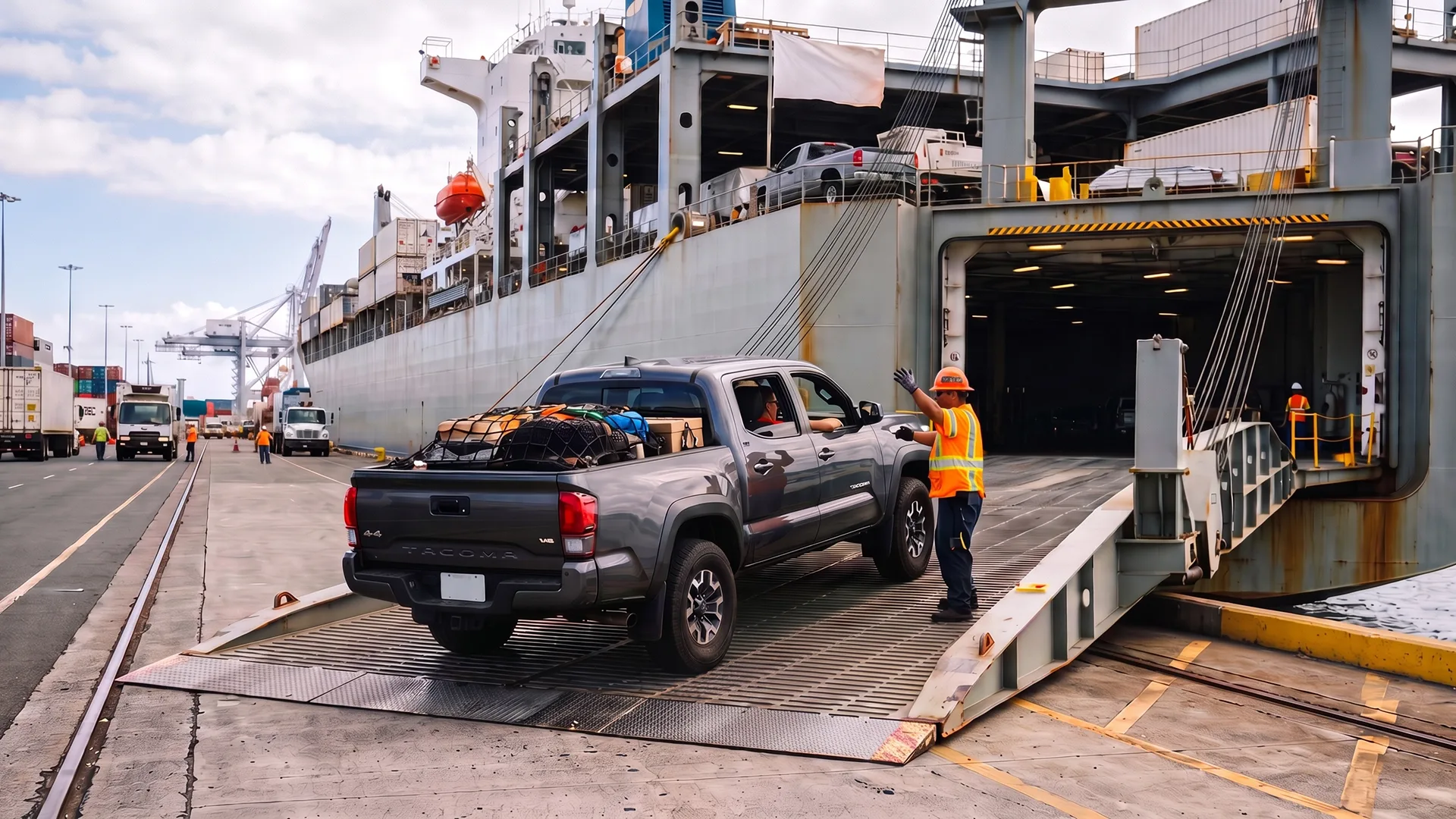 Pickup truck being loaded onto a cargo ship for Hawaii vehicle transport