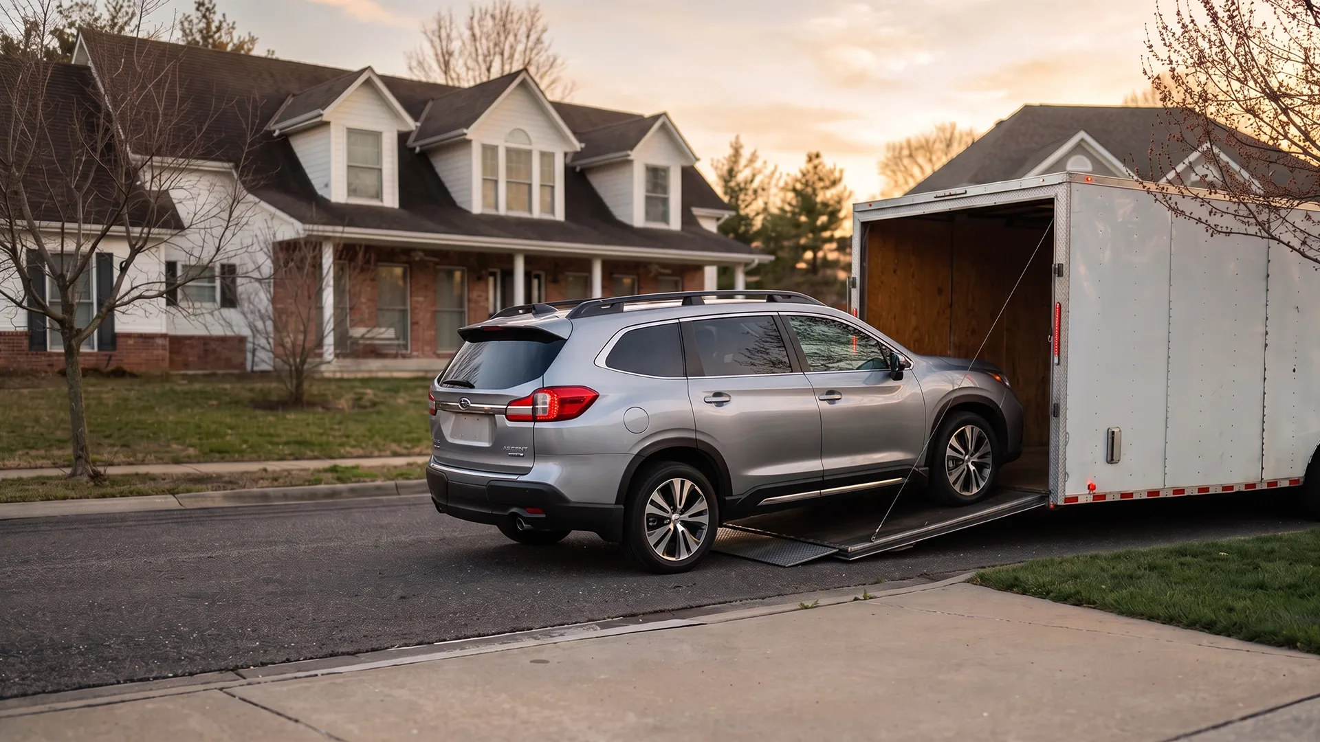 SUV being loaded into a trailer for car shipping photo