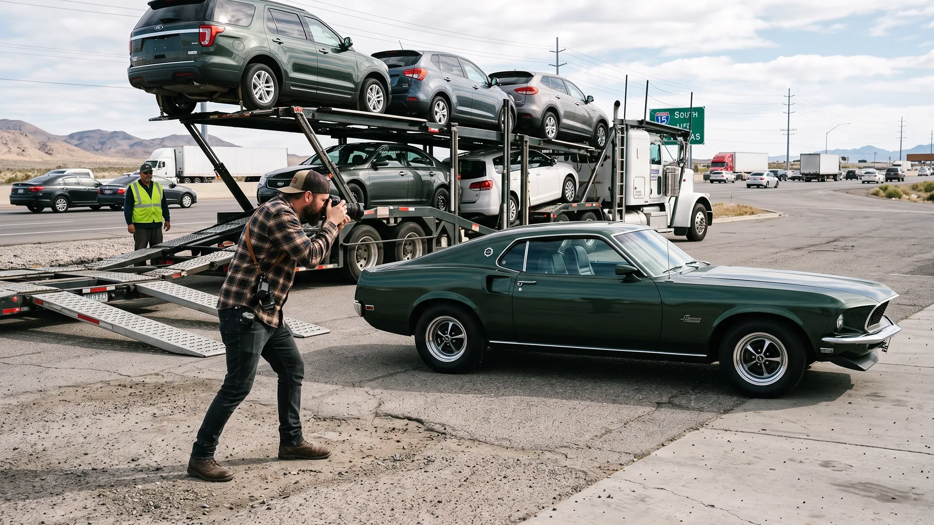 photo of driver photographing a vehicle before loading it onto a car carrier